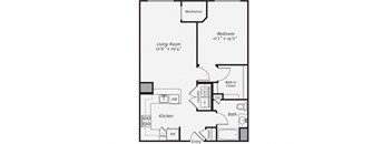 A floor plan of a home with a living room, kitchen, bathroom, bedroom, and mechanicals.