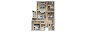 A 3D floor plan of a small apartment with a kitchen, living room, and bathroom.