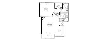 A black and white image of a floor plan for a home with a bedroom, living room, kitchen, and dining area.