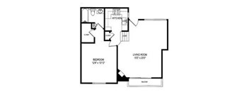A black and white image of a floor plan for a home with a kitchen, living room, and bedroom.