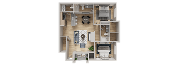 A 3D floor plan of a small apartment with a kitchen, living room, and bedrooms.