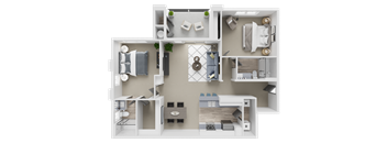 A 3D floor plan of a house layout.
