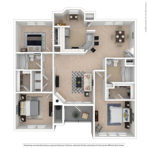 A floor plan of a two-bedroom apartment with a living room, kitchen, and bathrooms.