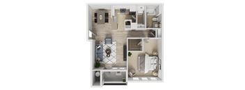 A top-down view of a room with a bed, a couch, a table, and a kitchen area.