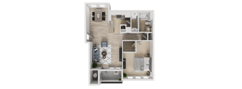 A 3D floor plan of a house layout.