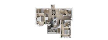 A detailed 3D floor plan of a house layout.