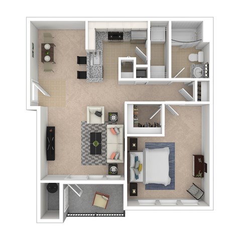 A top-down view of a small apartment with a kitchen, living room, and bedroom.