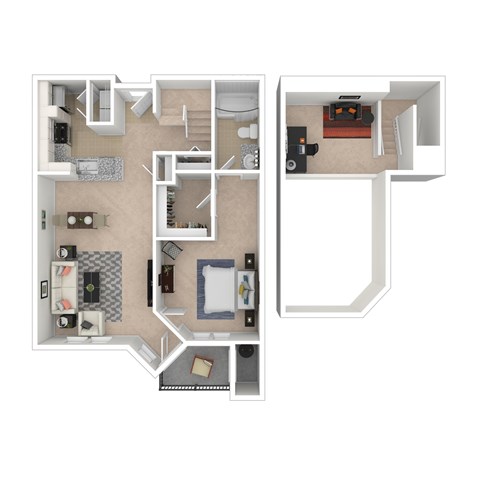 A floor plan of a two-bedroom apartment with a living room, kitchen, and bathroom.