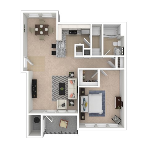 A floor plan of a small apartment with a kitchen, living room, and bathroom.