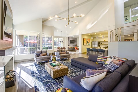 A living room with a blue couch and a coffee table.
