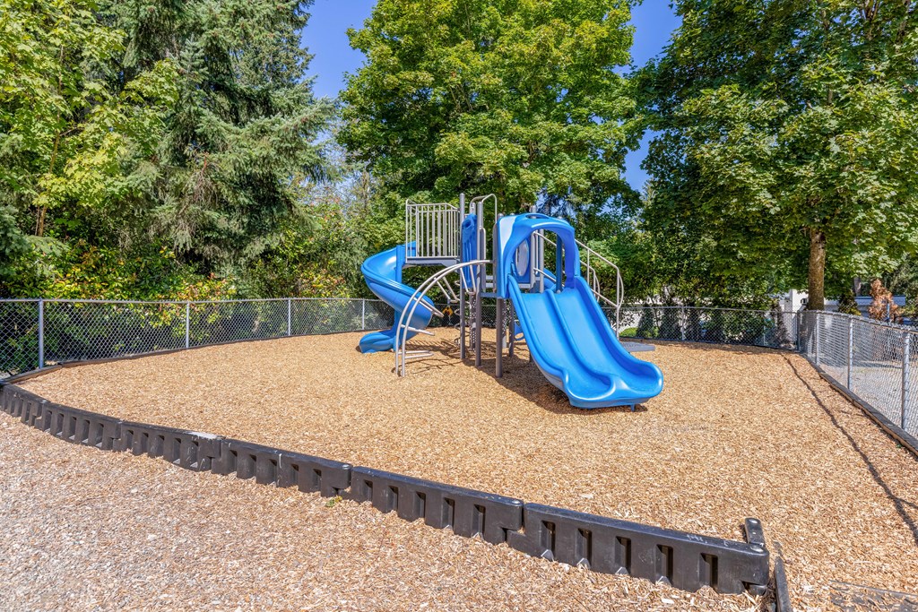 a playground with a blue slide in a park