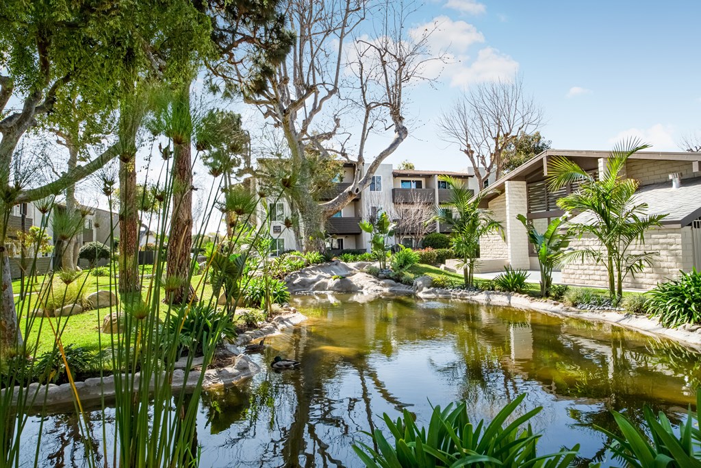 A serene garden with a pond and a building in the background.