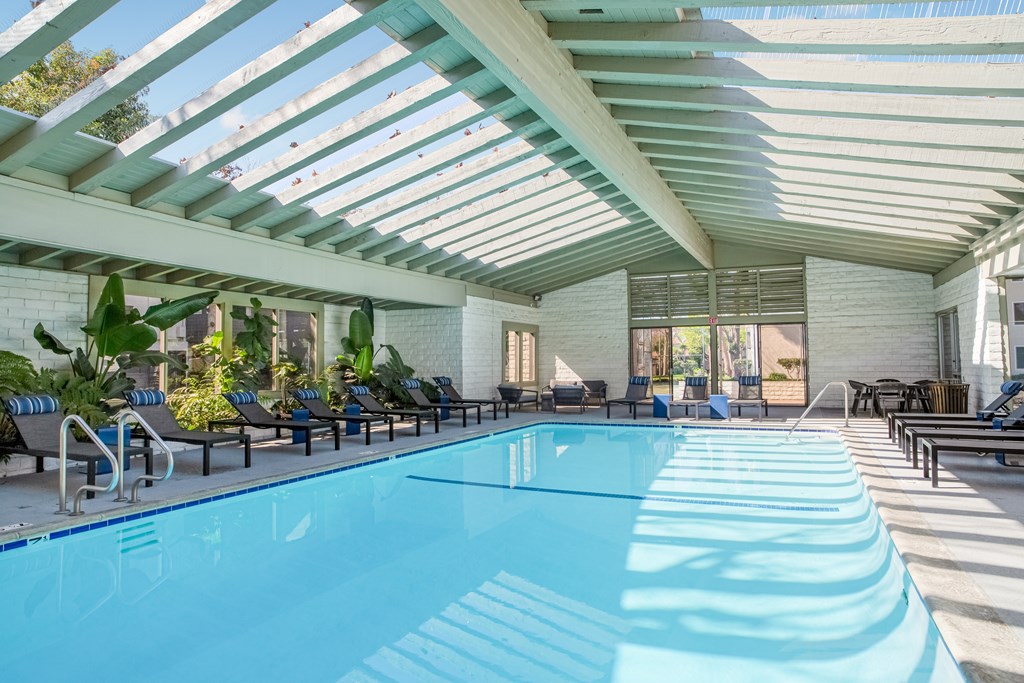 A large indoor swimming pool with sunlight streaming in through the windows.