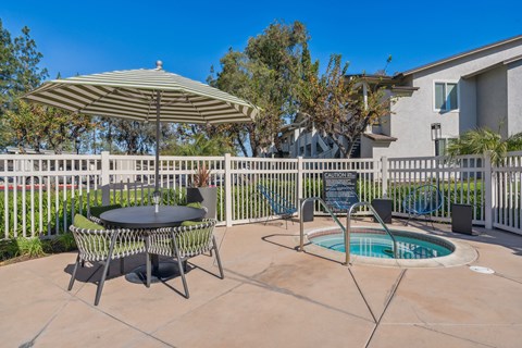 our patio with a hot tub and table and umbrella