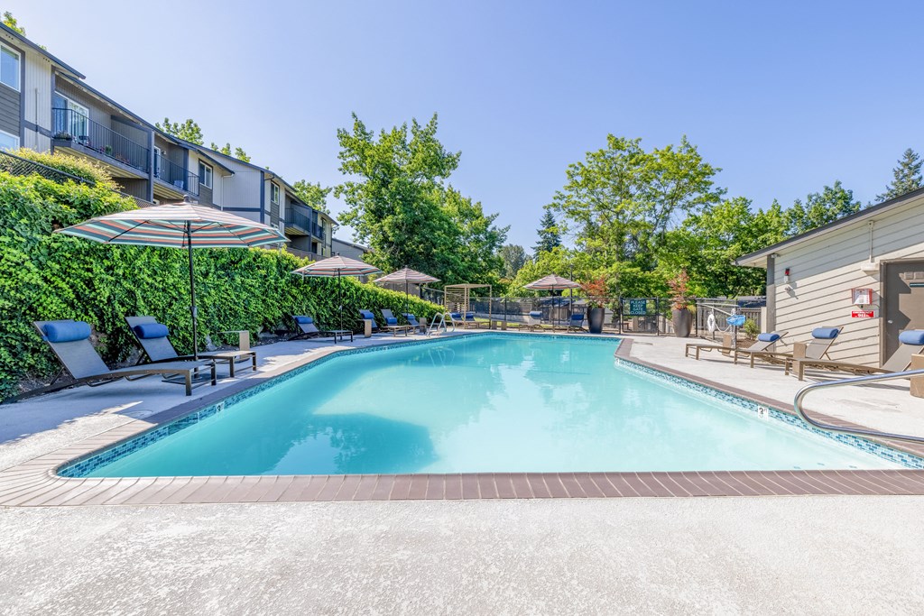 a swimming pool with chairs and umbrellas next to a house