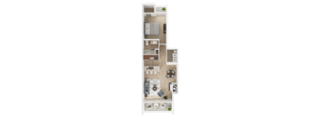 A floor plan of a room with a kitchen area, two bathrooms, and a living room.