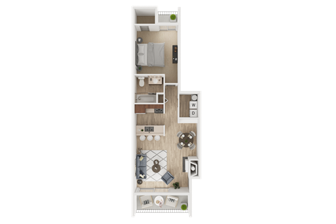 A floor plan of a room with a kitchen area, two bathrooms, and a living room.