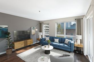 a living room with a blue couch and a large window