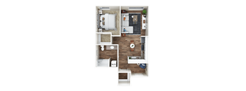 A top-down view of a small apartment with a kitchen, living room, and bathroom.