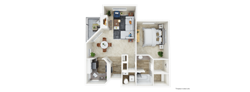 A 3D floor plan of a small apartment with a kitchen, living room, and bedrooms.
