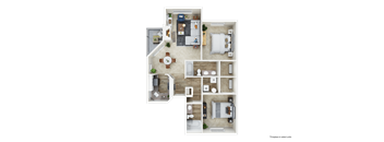 A floor plan of a house with a kitchen, living room, dining room, and two bedrooms.