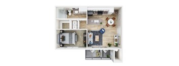 A top-down view of a small apartment with a kitchen, living room, and bathroom.