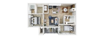 A top down view of a small apartment with a kitchen, living room, and bedroom.