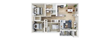 A top-down view of a house layout with multiple rooms and furniture.