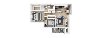 A top-down view of a small apartment layout with a kitchen, living room, and bathroom.