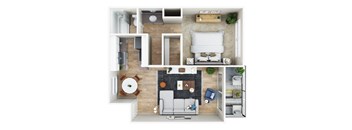 A top-down view of a small apartment with a living room, kitchen, and bedroom.