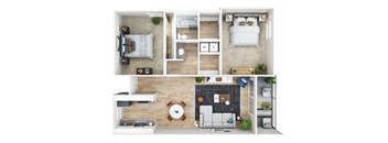 A top-down view of a small apartment layout with a bedroom, living room, kitchen, and bathroom.