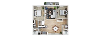 A top-down view of a house layout with a living room, kitchen, dining area, and bathroom.