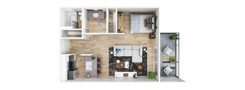 A top-down view of a small apartment with a kitchen, living room, and bedroom.
