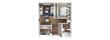 A top-down view of a small apartment with a bedroom, living room, and kitchen area.