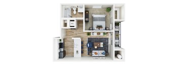 a bedroom floor plan with a fireplace and a living room