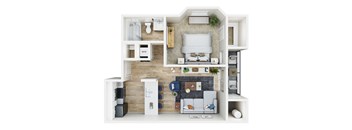 a stylized floor plan of a studio apartment with a bedroom and living room