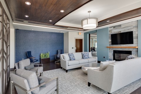 a living room with couches and chairs and a fireplace