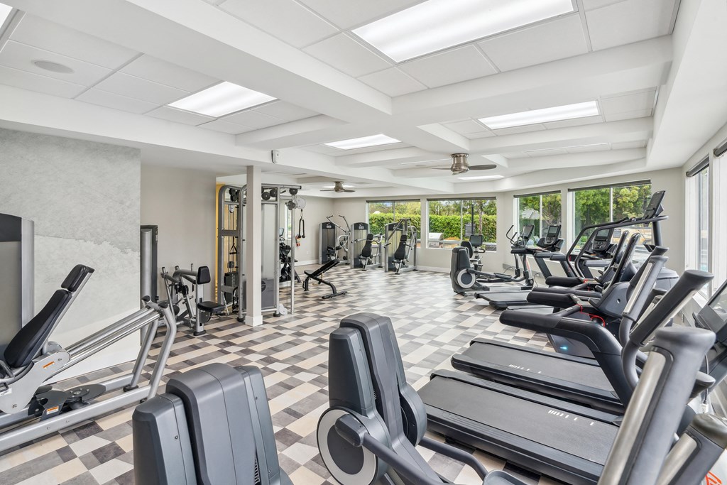 a gym with cardio machines and weights on a checkered floor