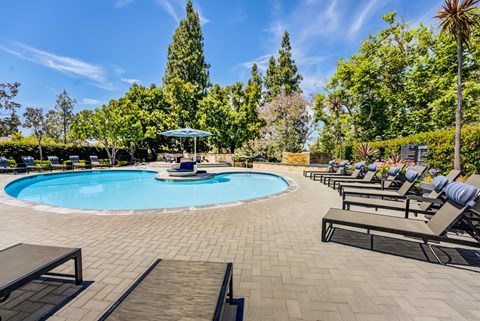 a resort style pool with lounge chairs and umbrellas
