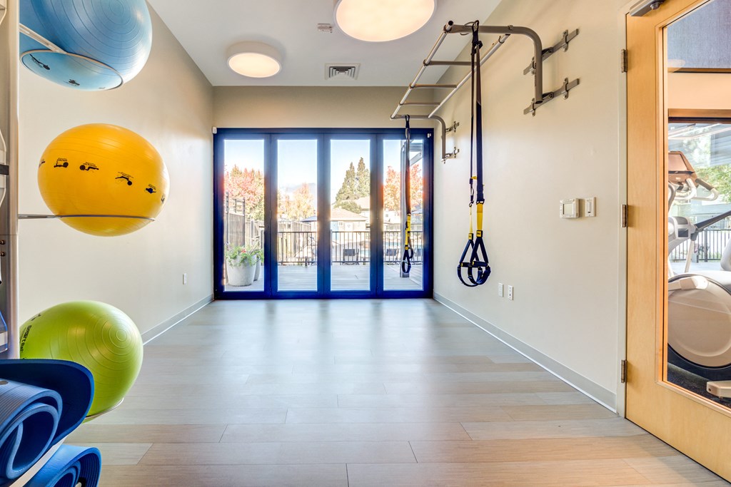 a gym with a yellow ball hanging from the ceiling