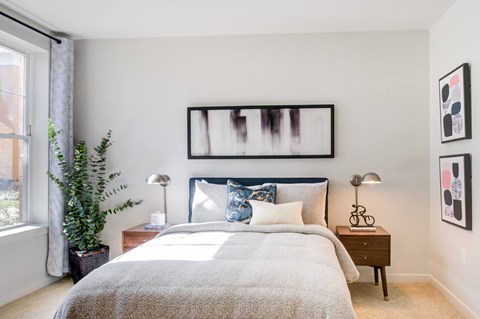 a bedroom with a bed and a window and a potted plant