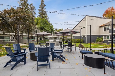 A patio with blue chairs and tables is surrounded by trees.