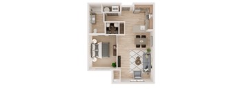 a stylized floor plan with a bedroom and a living room