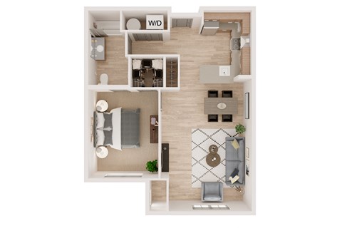 a stylized floor plan with a bedroom and a living room