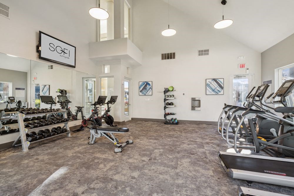 A gym with a variety of equipment including treadmills, weights, and exercise bikes.