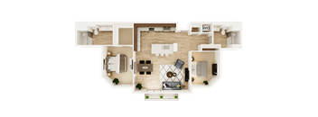 A floor plan of a house with a living room, dining room, kitchen, and two bedrooms.
