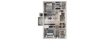 A 3D floor plan of a small apartment with a kitchen, living room, and bathroom.