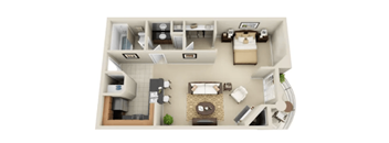 A top-down view of a small apartment layout with a kitchen, living room, and bedroom.