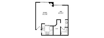 A floor plan of a studio apartment with a bed, a kitchen, and a closet.