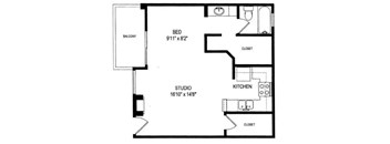 A black and white image of a floor plan for a studio apartment.